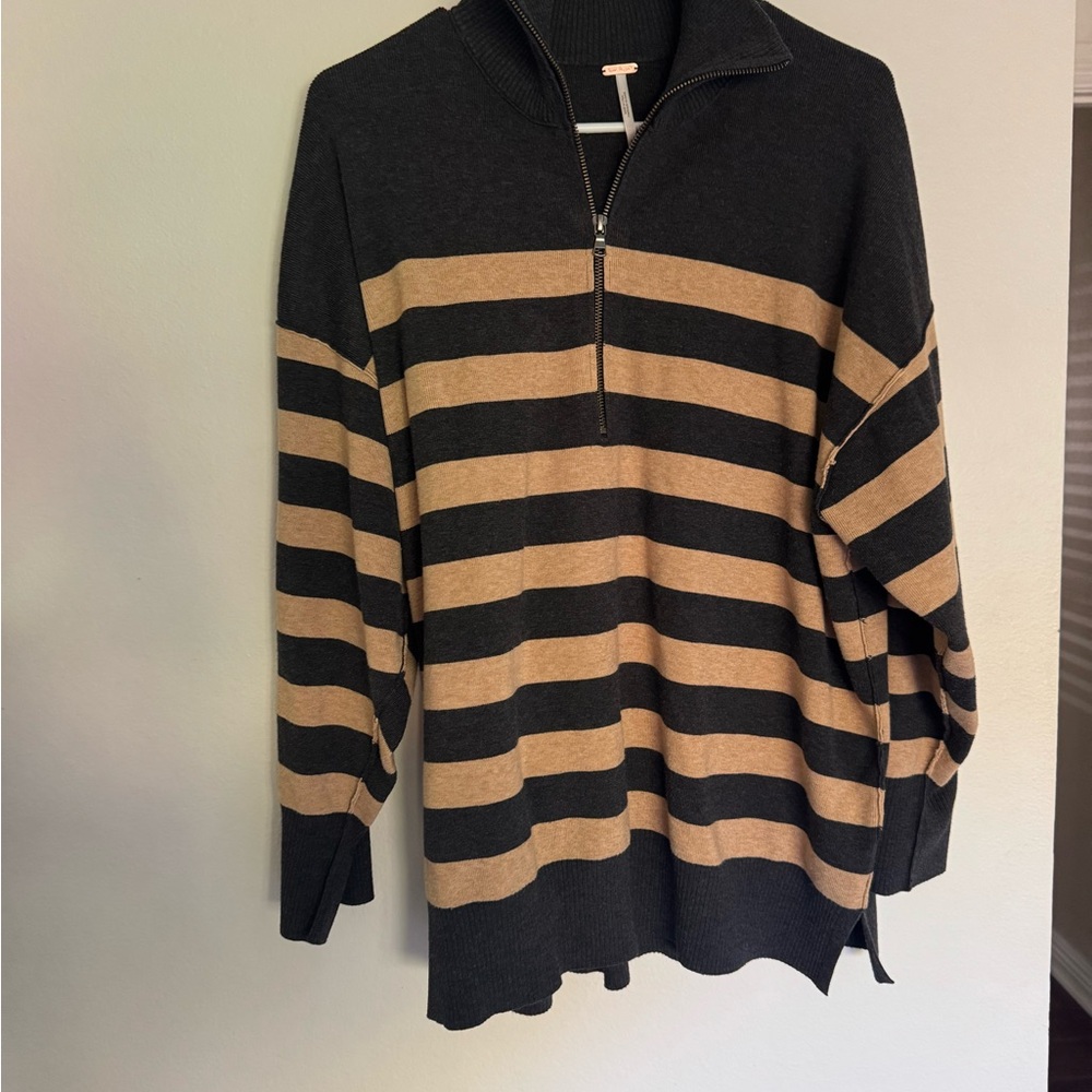 Free People Striped Zip-Up Sweater in Black and Tan